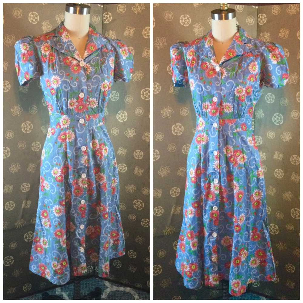 1940s Floral Cotton Shirtwaist Dress - image 2