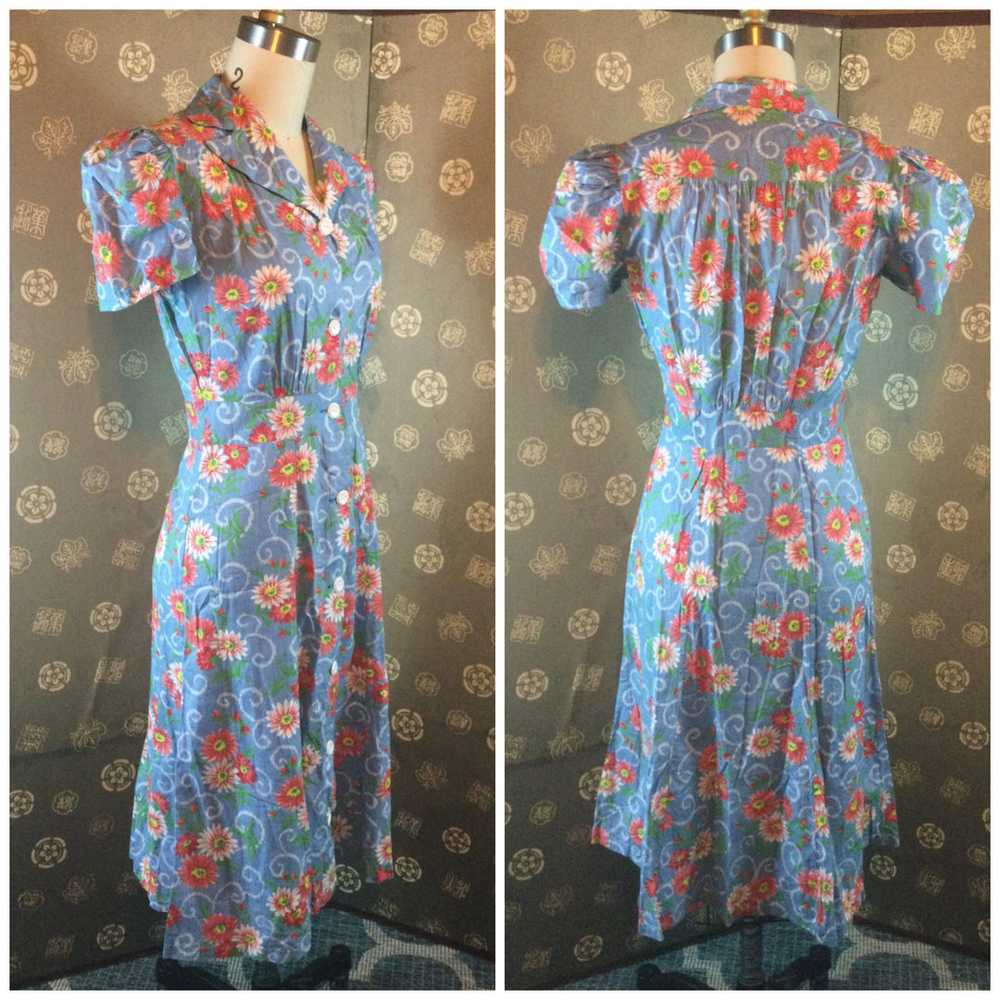 1940s Floral Cotton Shirtwaist Dress - image 3