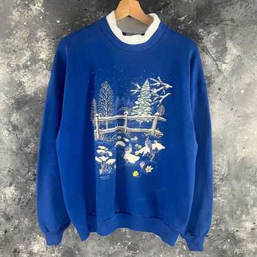 Vintage 90s Winter Snow shops Birds In A Tree Sweatshirt puff print XL