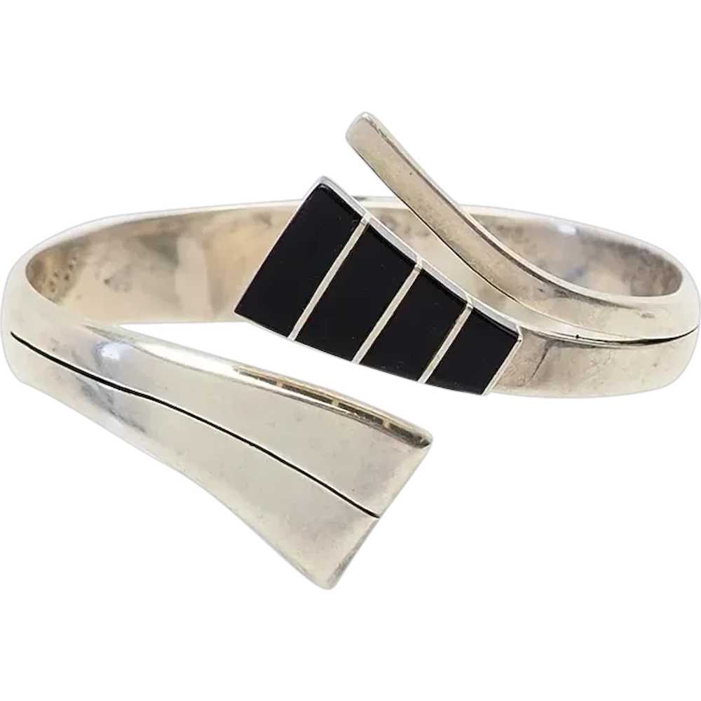 Vintage modern sterling silver and onyx inlaid sp… - image 1