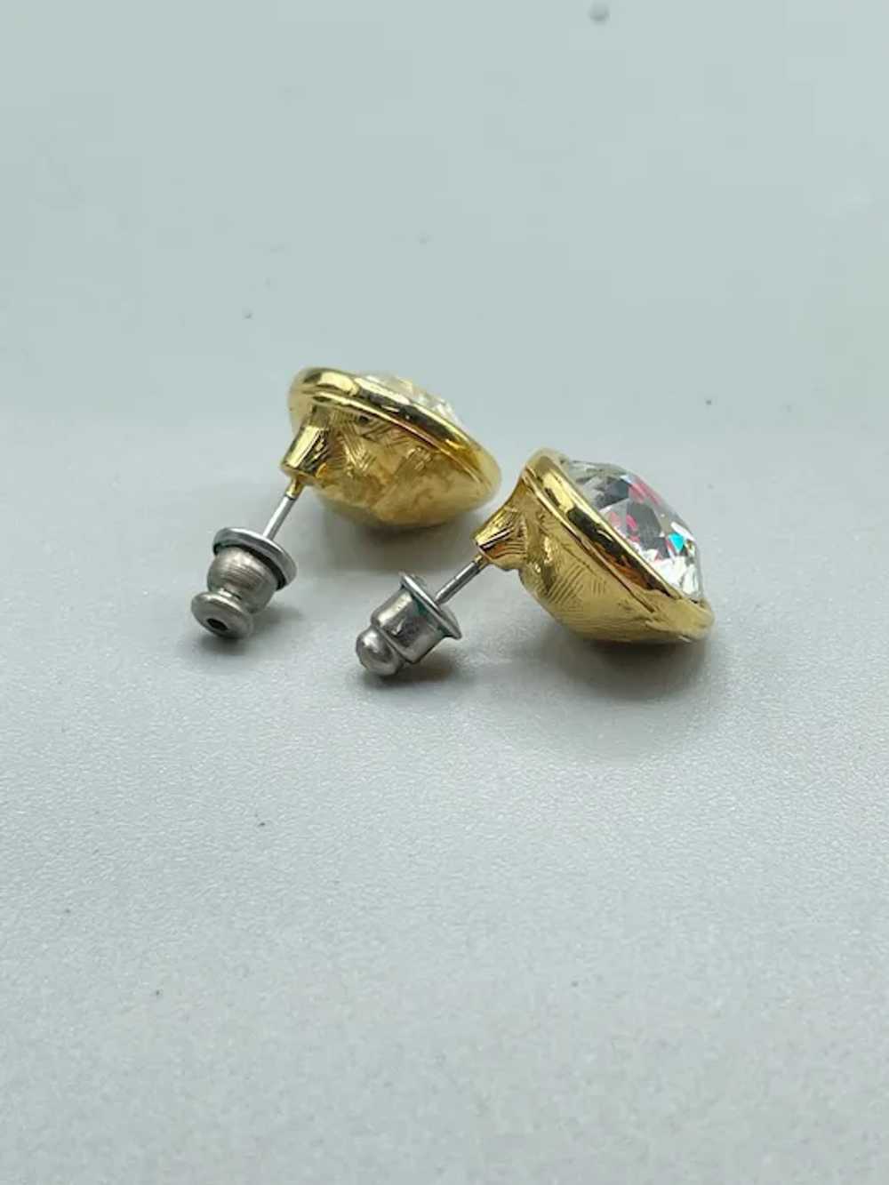 Vintage Pierced Crystals Earrings Gold Tone Studs… - image 11