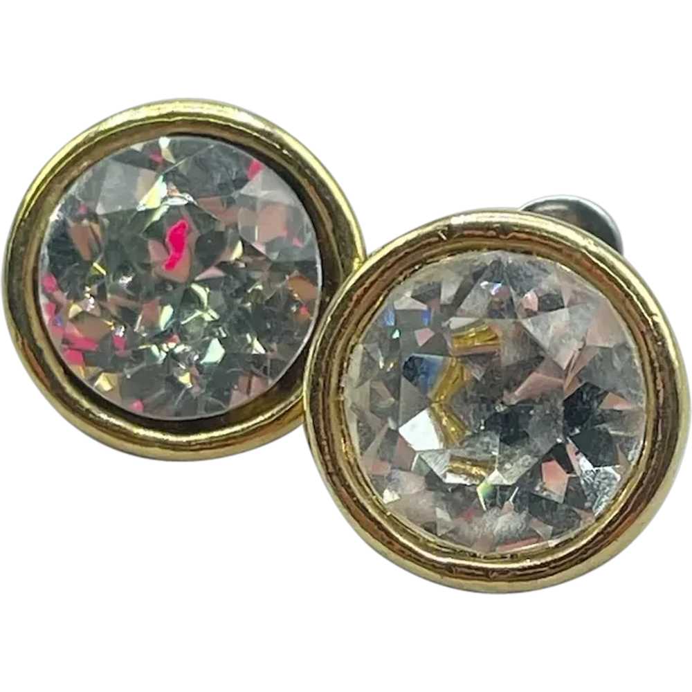 Vintage Pierced Crystals Earrings Gold Tone Studs… - image 1