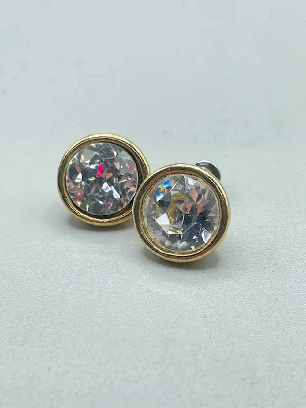 Vintage Pierced Crystals Earrings Gold Tone Studs… - image 2