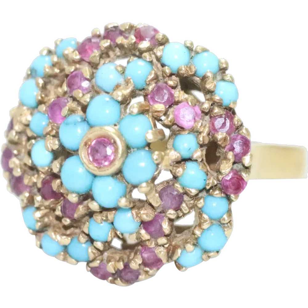 Vintage 18K Yellow Gold Natural Ruby And Turquois… - image 1