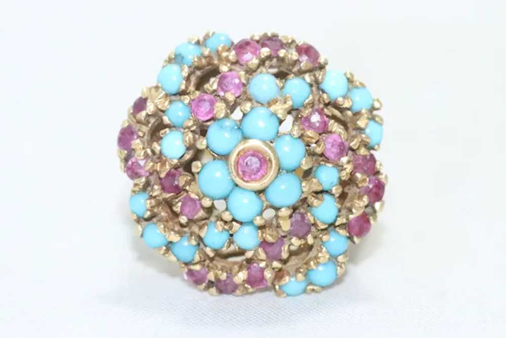 Vintage 18K Yellow Gold Natural Ruby And Turquois… - image 2