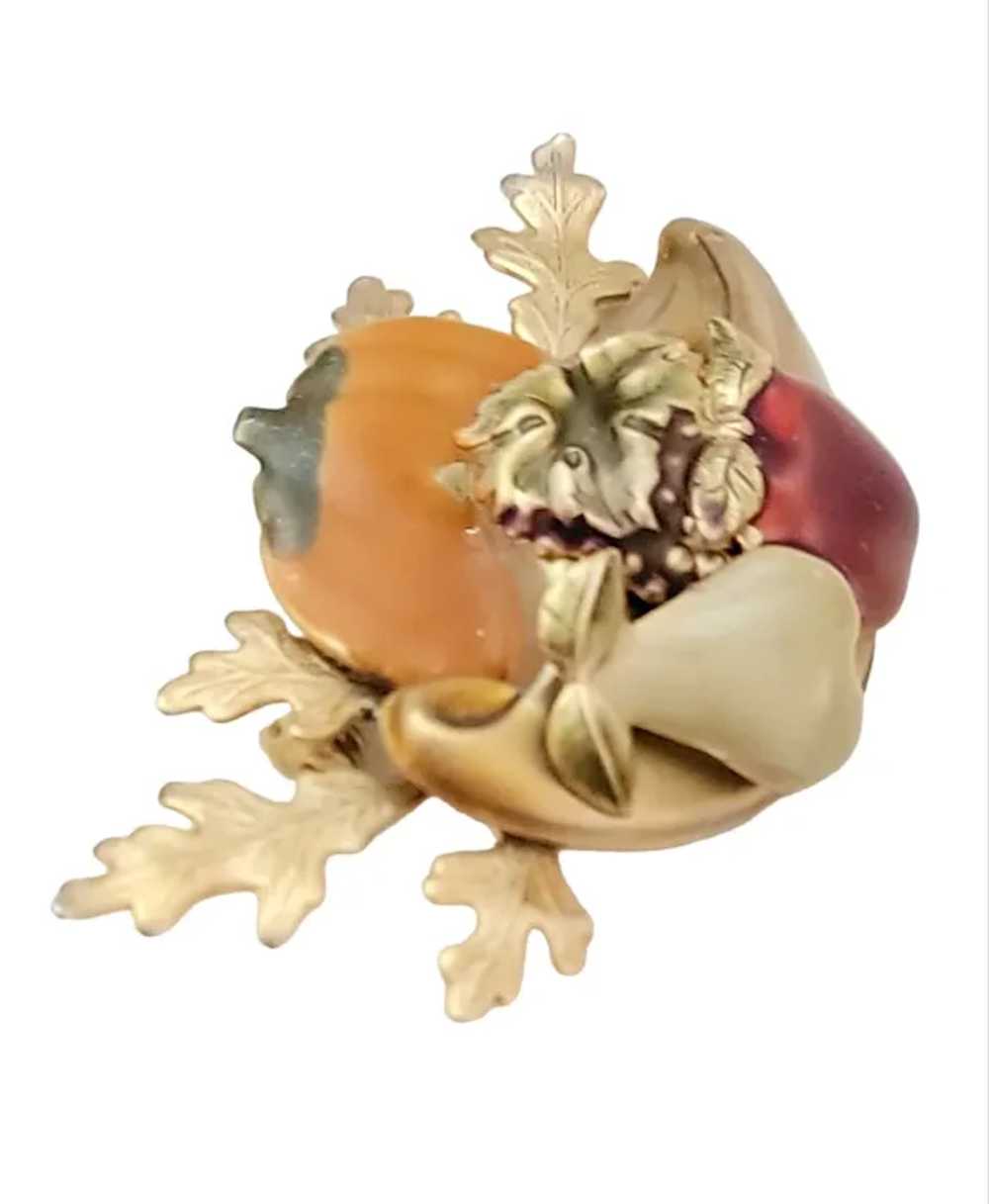 Gold Tone Red Orange Enamel Cornucopia Autumn Pum… - image 3