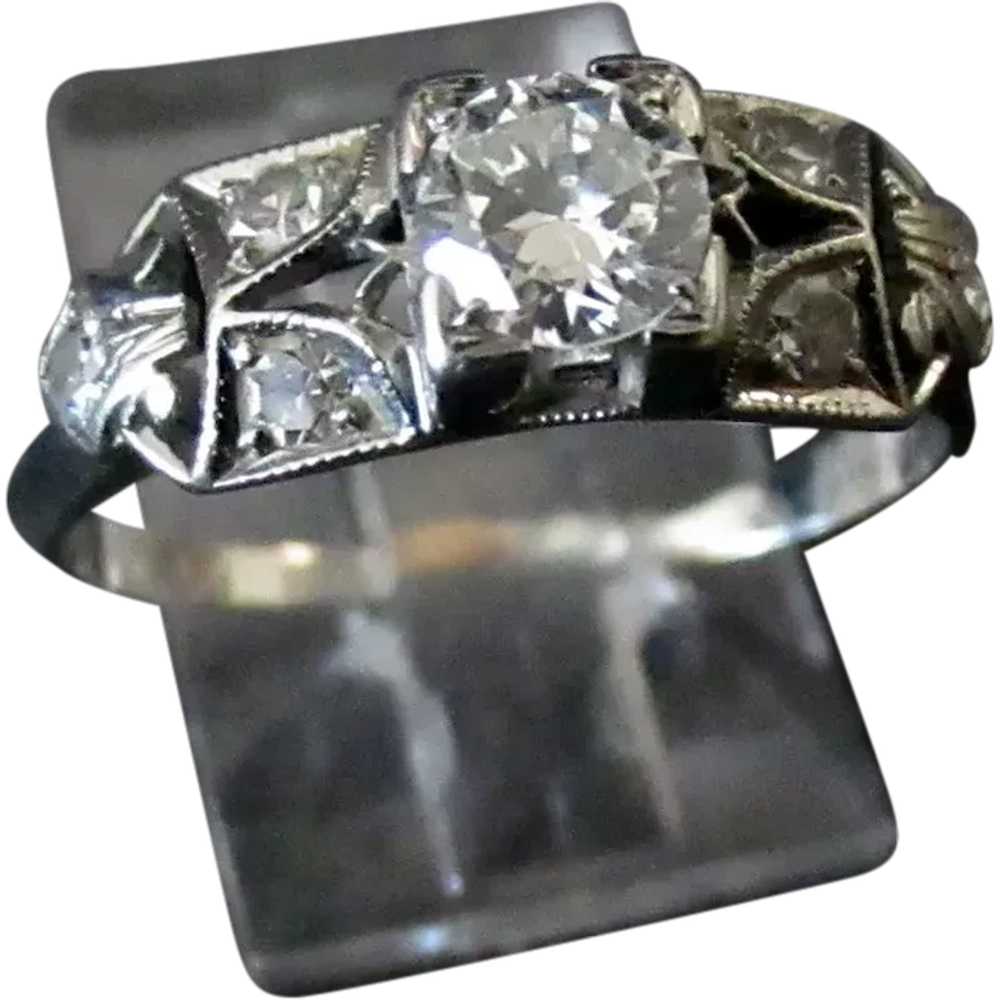 Ladies Vintage 18k White Gold Engagement Ring wit… - image 1