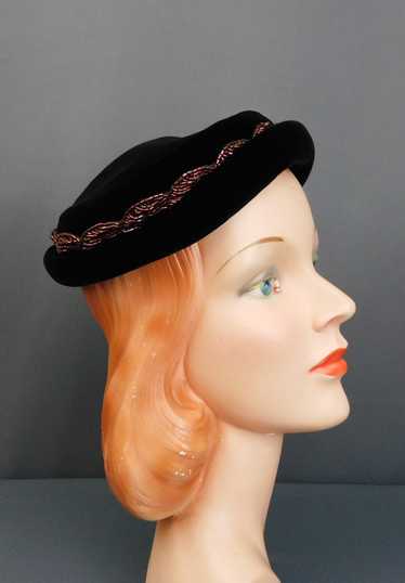 Vintage Black Velvet Hat with Copper Beads, Evenin