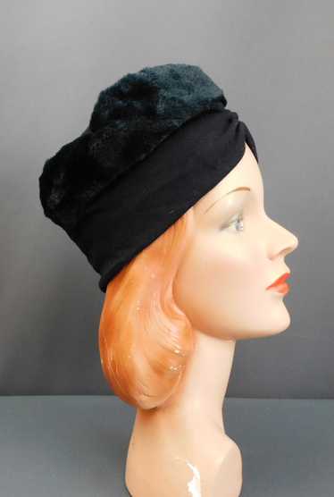 Vintage Black Hat with Faux Fur, 1960s Fine Wool K