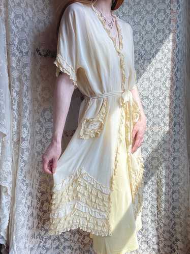 1920s Pale Yellow Silk Ruffle Robe Tie Waist - image 1