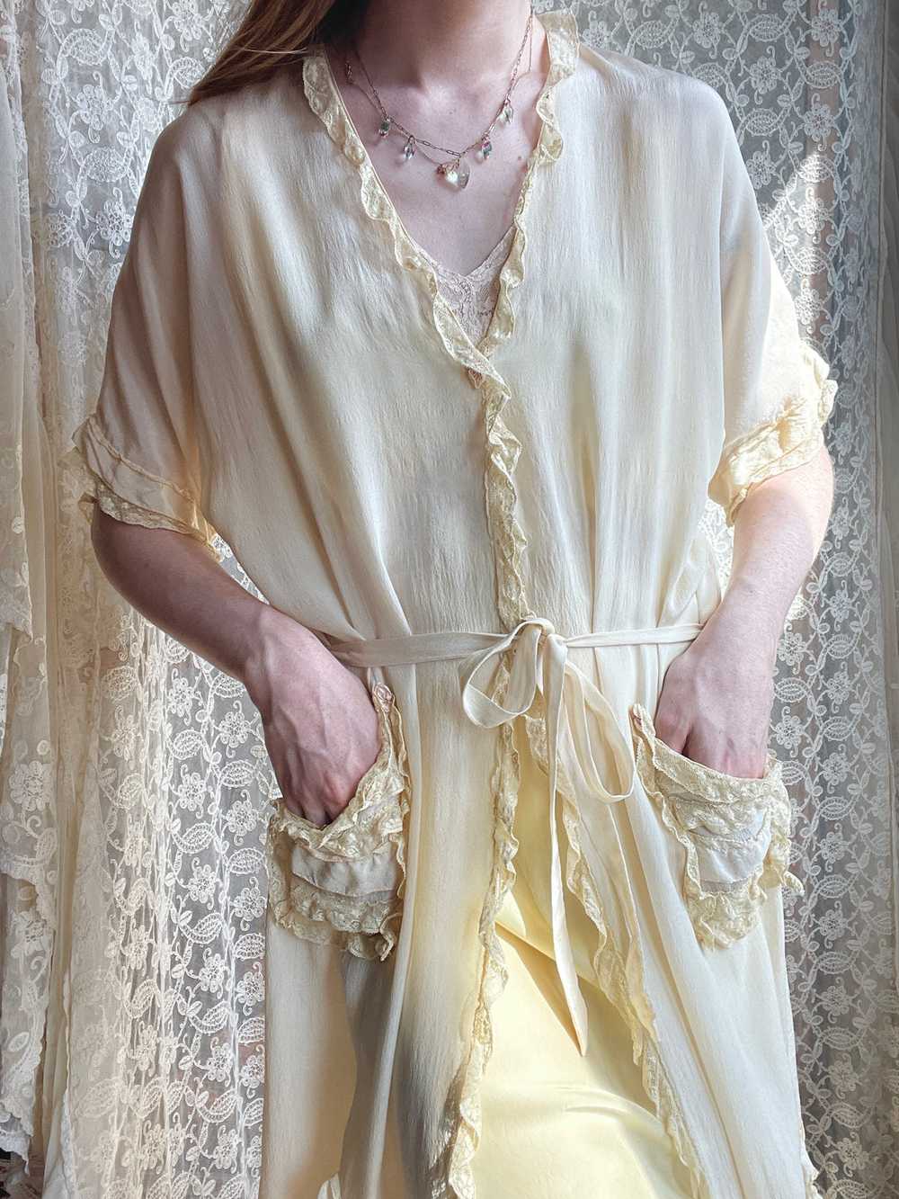 1920s Pale Yellow Silk Ruffle Robe Tie Waist - image 2