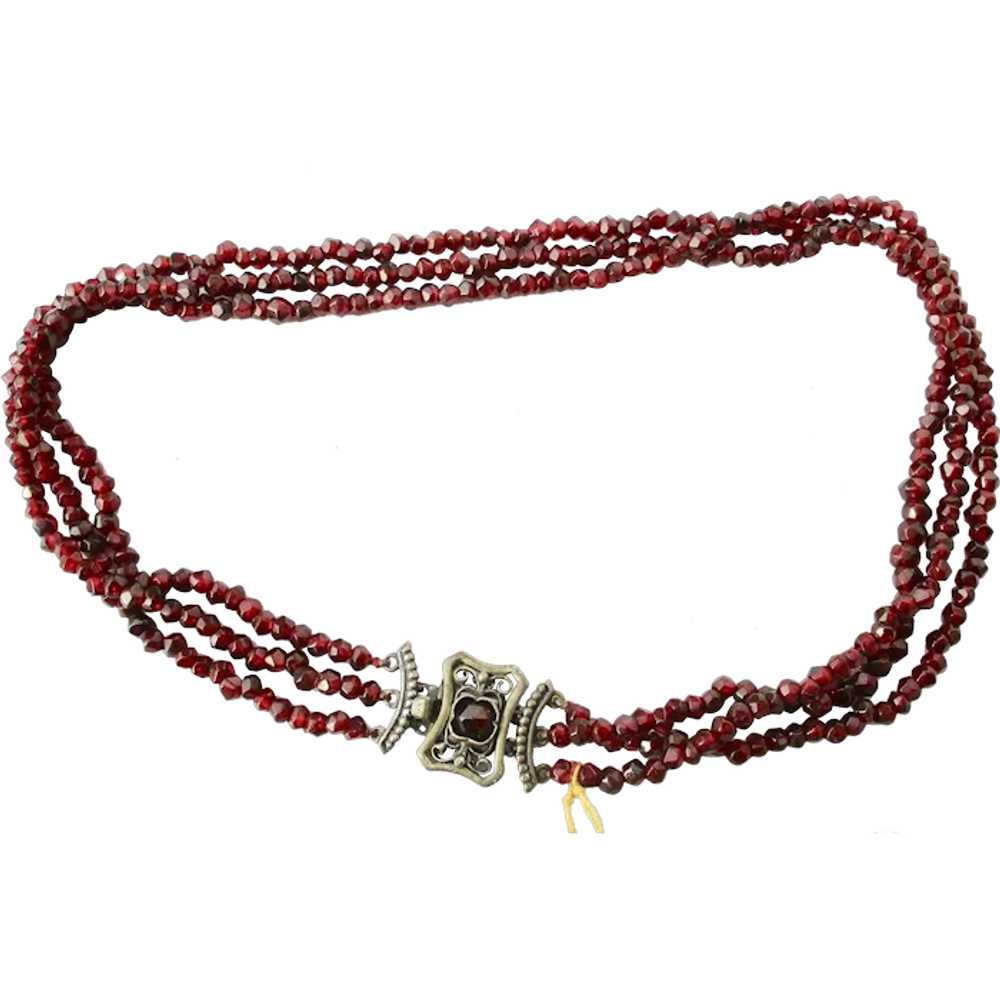 Three Strand Garnet Choker Necklace With Elaborat… - image 1