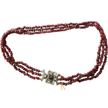 Three Strand Garnet Choker Necklace With Elaborat… - image 1