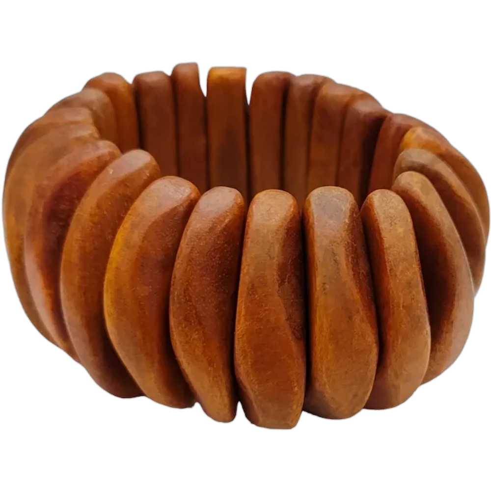 Wood Chunky Bead Stretch Wide Bracelet K131 - image 1