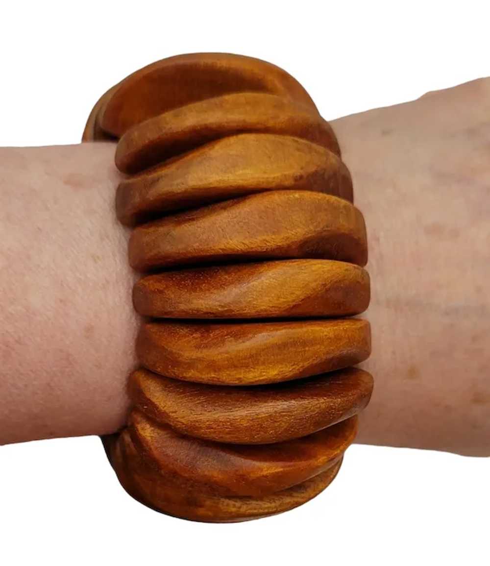 Wood Chunky Bead Stretch Wide Bracelet K131 - image 2