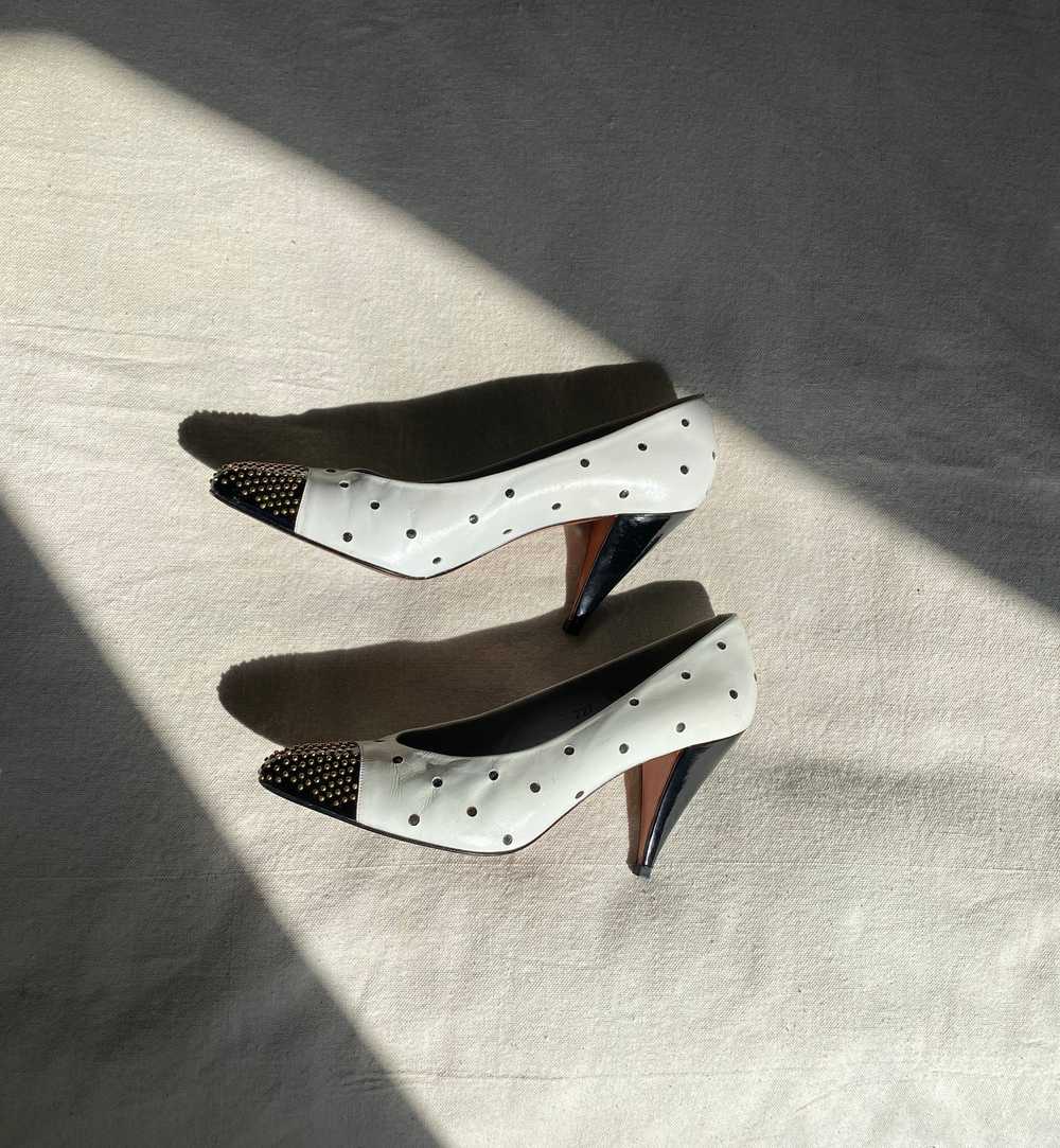 vintage black and white polka dot heels / 80s lea… - image 3