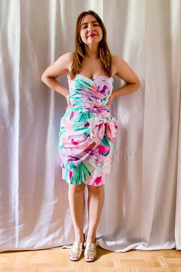 1980s Bright Floral Strapless Pencil Dress / XSmal