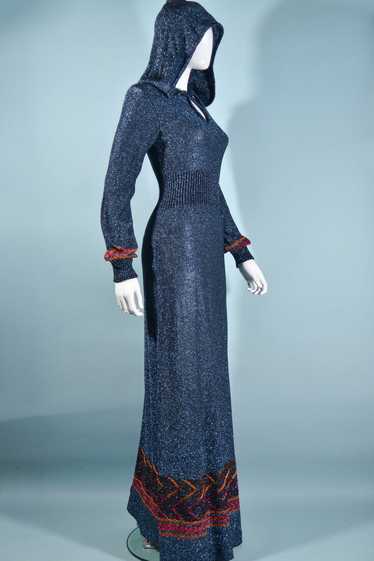 Vintage 60s/70s Metallic Blue Hooded Maxi Dress, B