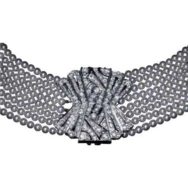Fine Art Deco Pearl Diamond Choker Necklace