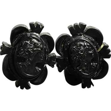 Victorian Hand Carved Jet Cameo Earrings Antique
