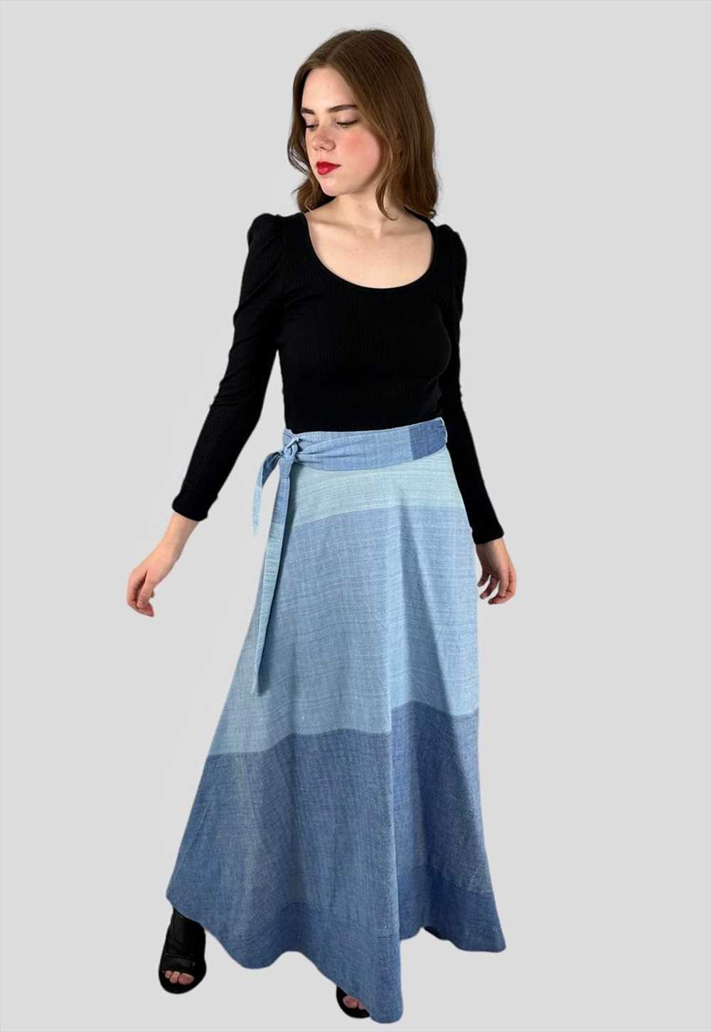 70's Vintage Blue Cheesecloth Wrap Maxi Skirt - image 2