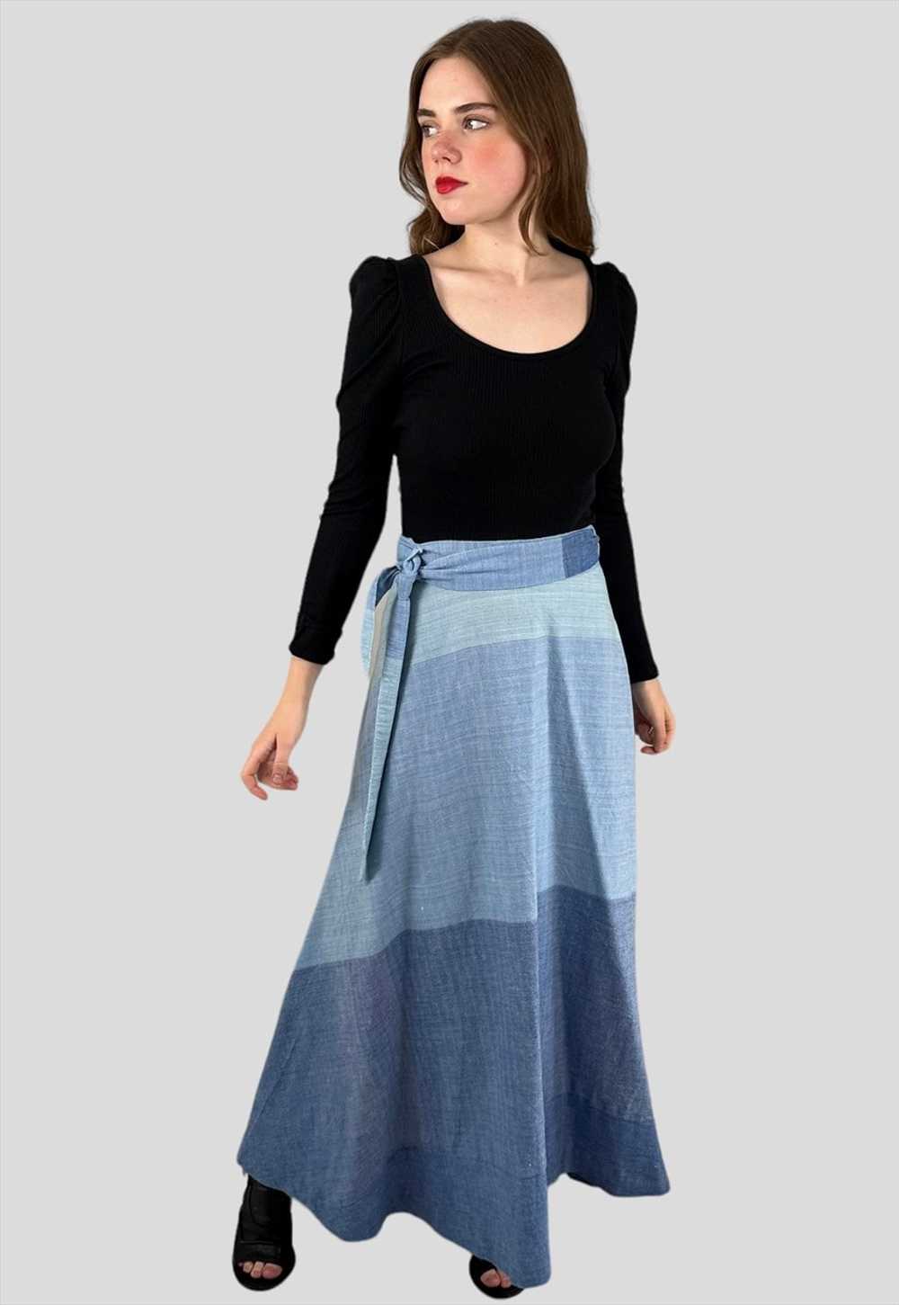 70's Vintage Blue Cheesecloth Wrap Maxi Skirt - image 4