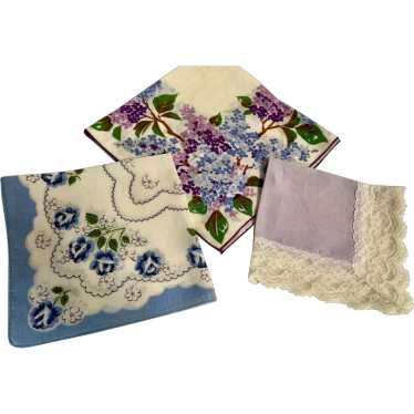 Three Vintage Assorted Handkerchiefs in Purples, … - image 1