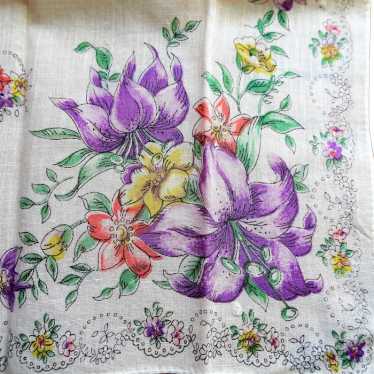 COLORFUL Vintage Printed Floral Hanky,Purple  Flo… - image 1