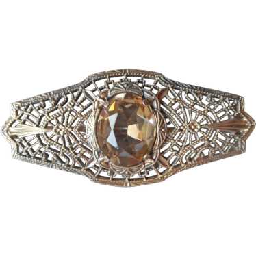 Antique Sterling Silver Filigree Citrine Pin Gold… - image 1