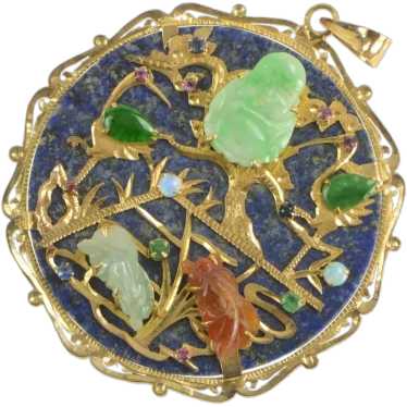 14K Buddhist Lapis Jade Chinese Medallion Pendant/
