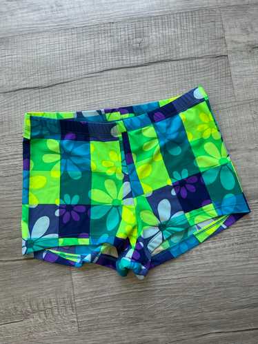 2000s Vintage Y2K Neon Checkered Floral Swim Botto