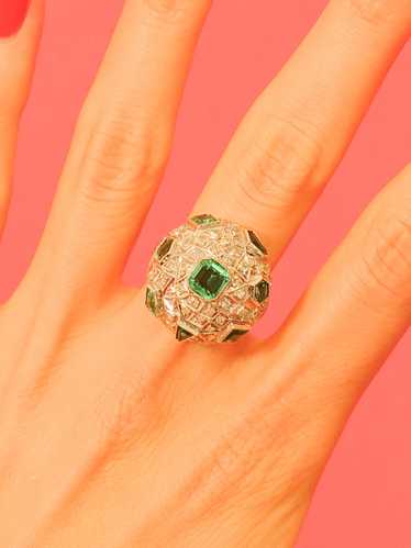 18k Diamond and Emerald Bombe Ring