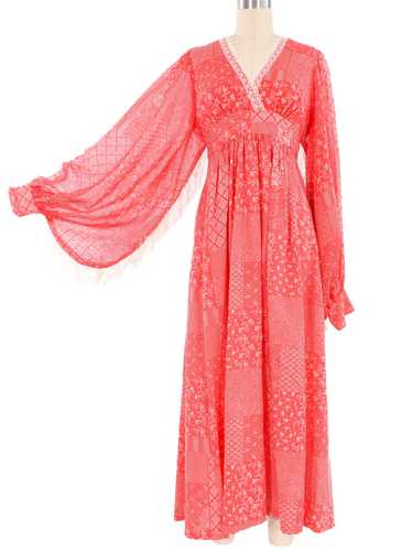 1970s Lace Trim Angel Sleeve Maxi Dress