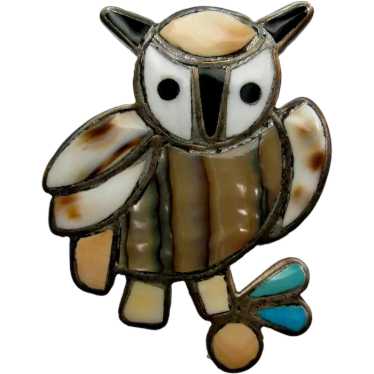 Vintage Sterling Zuni Owl Pin Inlaid Stone Silver… - image 1