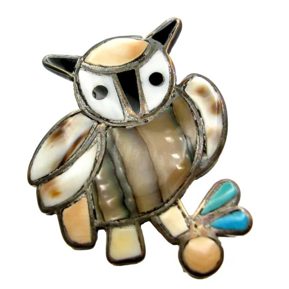 Vintage Sterling Zuni Owl Pin Inlaid Stone Silver… - image 2