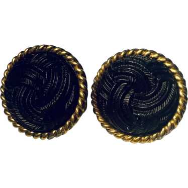 YSL Black Resin Gold Plated Clip Earrings Vintage - image 1