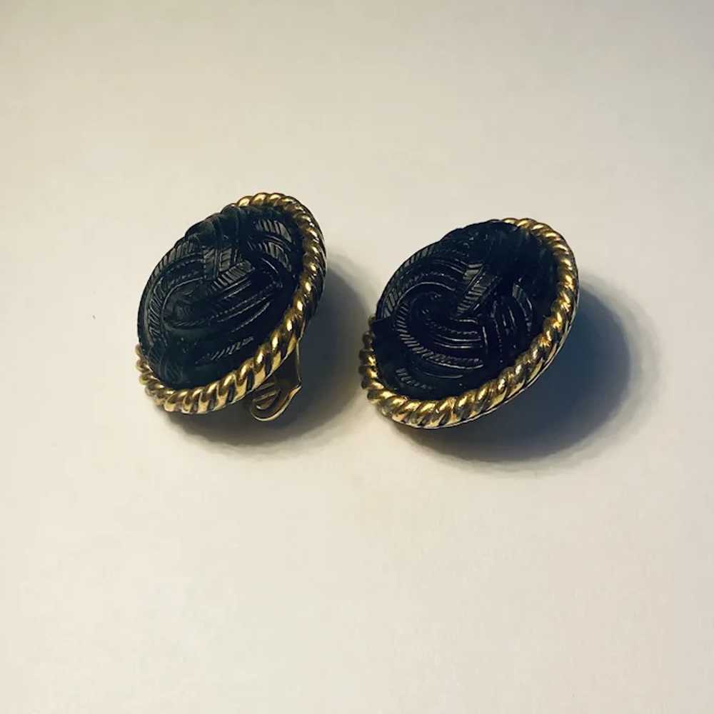 YSL Black Resin Gold Plated Clip Earrings Vintage - image 2