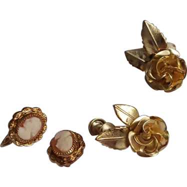 Floral Screw Back Earrings Roses and Cameo - image 1