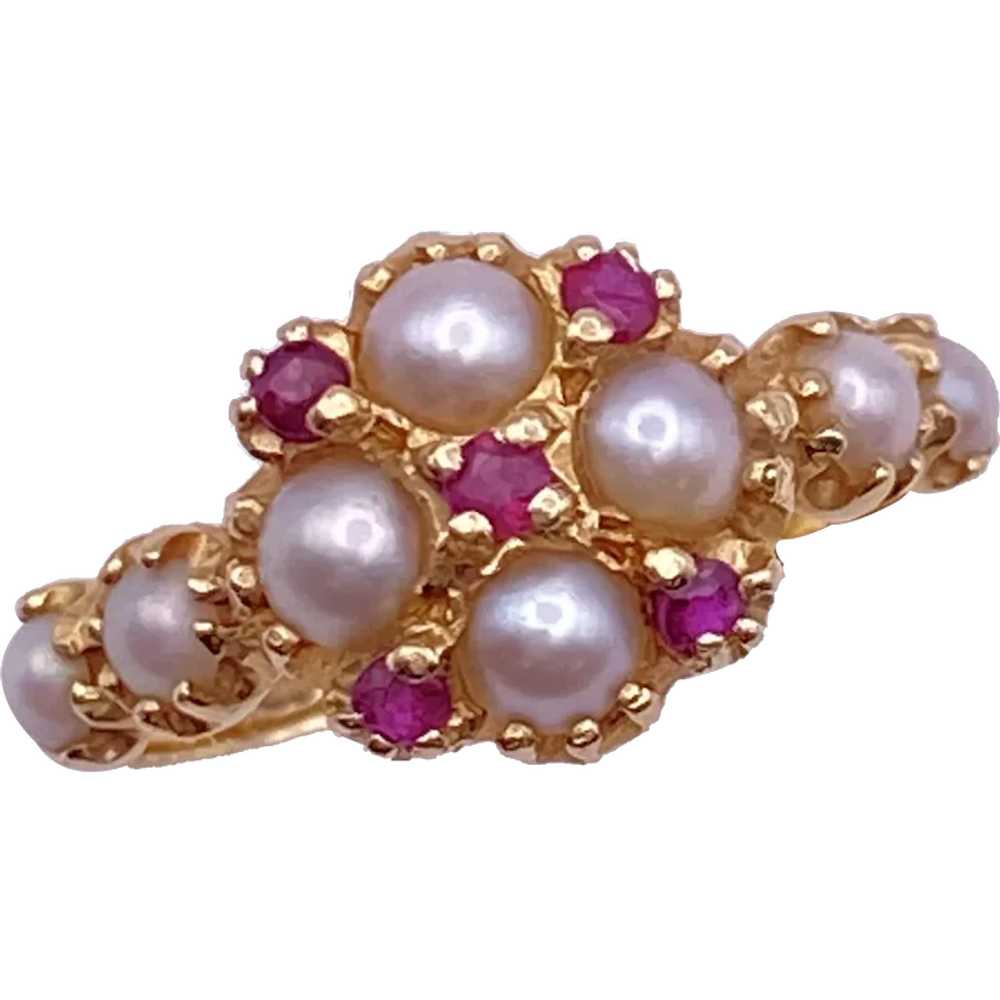 Cultured Pearl and Ruby Ring 14K Gold, English Ha… - image 1