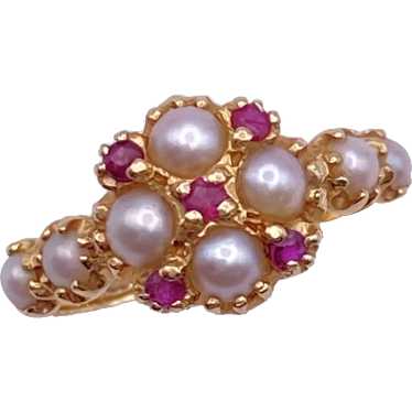 Cultured Pearl and Ruby Ring 14K Gold, English Ha… - image 1