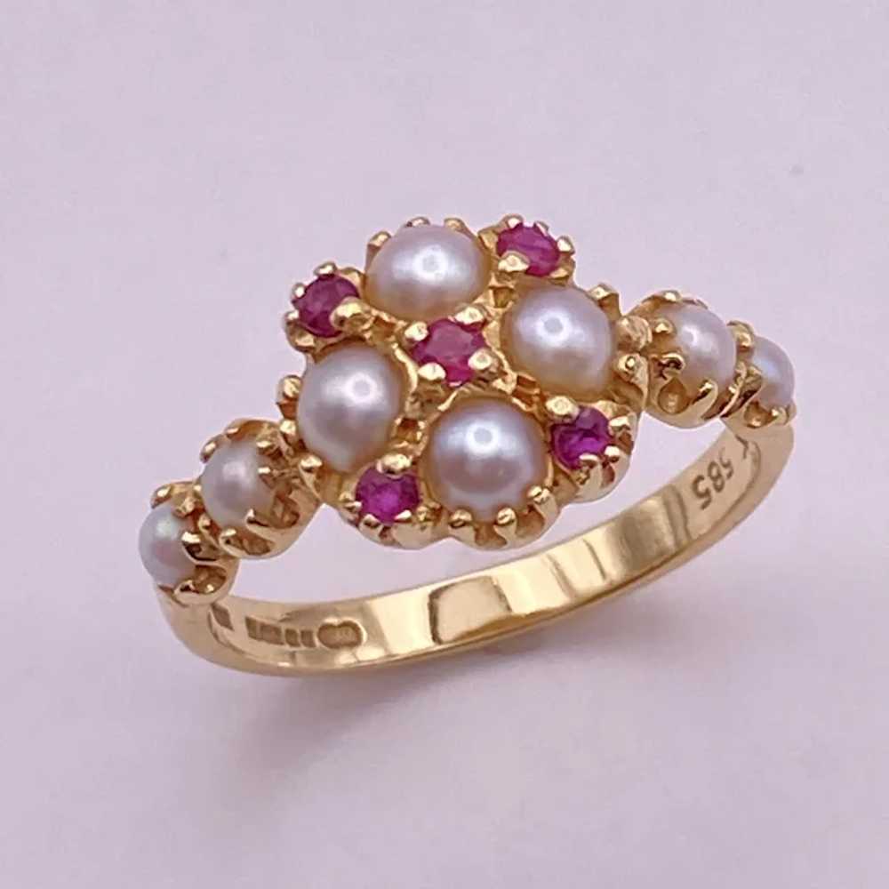 Cultured Pearl and Ruby Ring 14K Gold, English Ha… - image 3