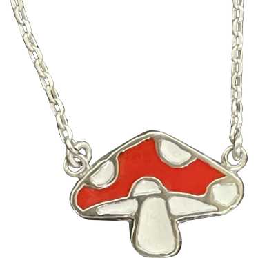 Mushroom  .925 Silver Enamel Necklace - image 1