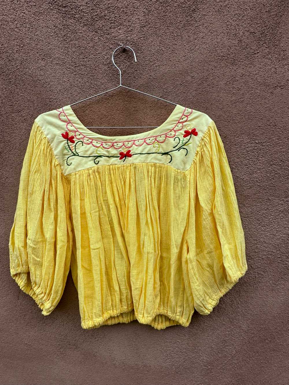 Canary Yellow Puebla Blouse with Floral & Bird Em… - image 3