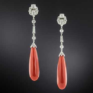 Art Deco-Style Long Coral and Diamond Dangle Earr… - image 1