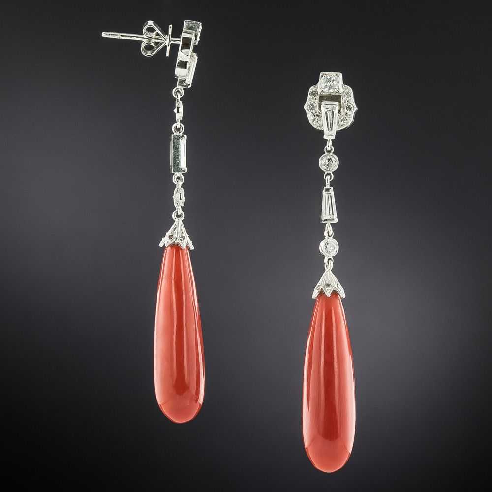 Art Deco-Style Long Coral and Diamond Dangle Earr… - image 2