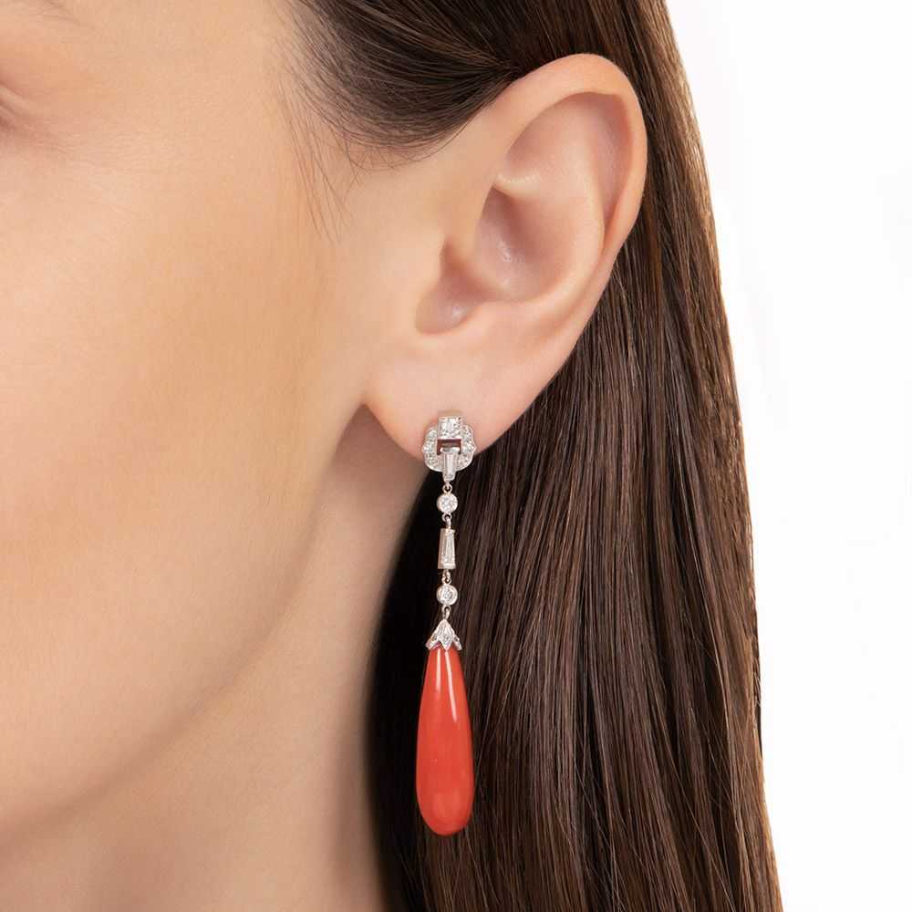 Art Deco-Style Long Coral and Diamond Dangle Earr… - image 3