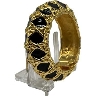 Wide KJL Black Enamel and Gold Color Diamond-Weave