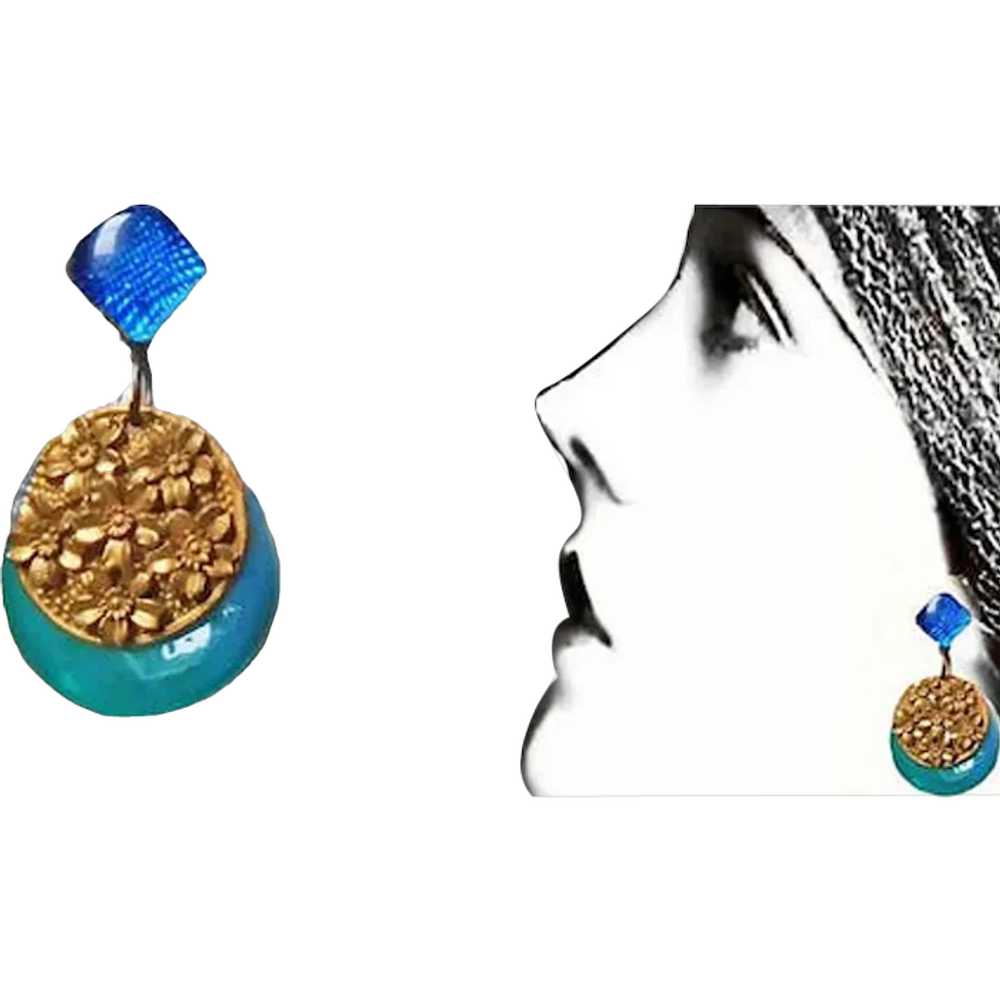 Ocean Blue & Gold Dangle Earrings Made With Vinta… - image 1