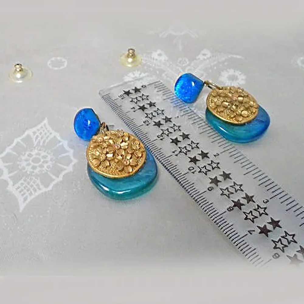 Ocean Blue & Gold Dangle Earrings Made With Vinta… - image 2