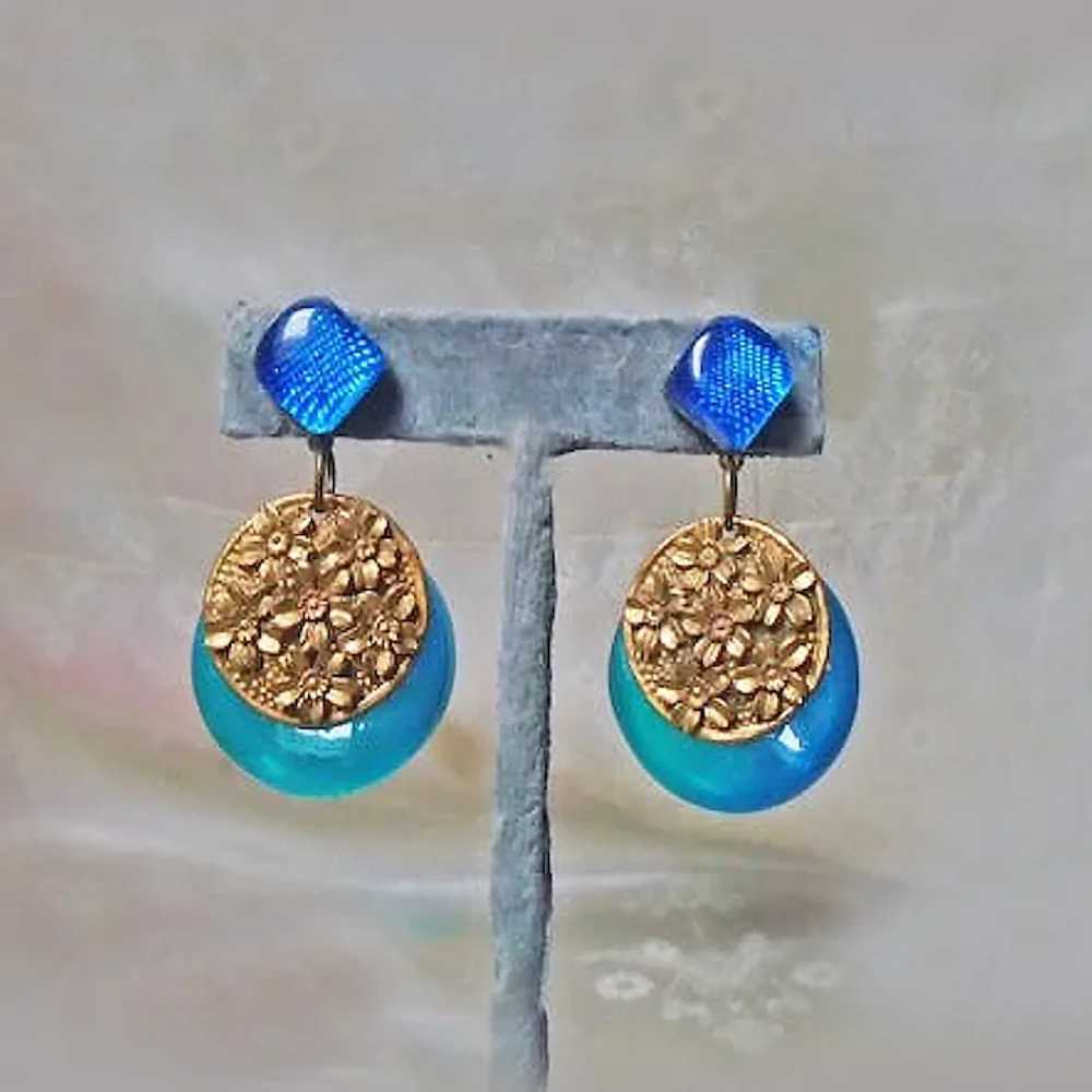 Ocean Blue & Gold Dangle Earrings Made With Vinta… - image 3